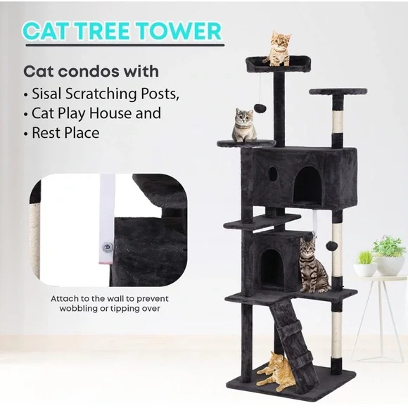 Black Multi-Level Cat Scratcher Tower with Durable Design